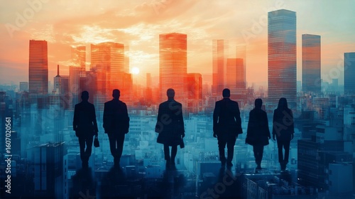 Business Professionals Walking Toward Sunset in a Vibrant City Skyline at Dusk