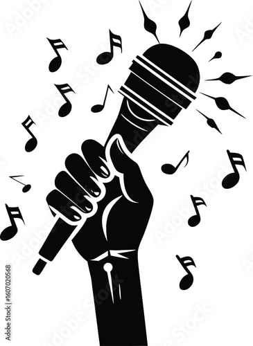 Black hand holding microphone with musical notes singing