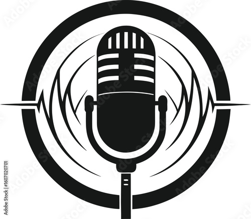 Black microphone with sound waves and circular frame audio recording