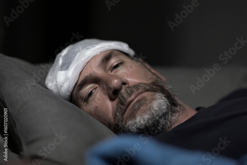 man resting in dark room with ice pack on head, recovering from heatstroke, 