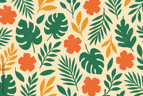 Vibrant tropical leaf and flower pattern in warm earthy tones