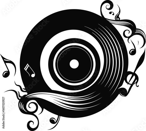 Black vinyl record with musical notes and ornate swirls treble clef