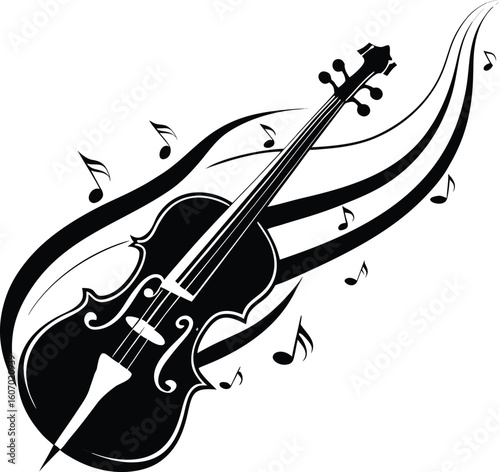 Black violin with musical notes and swirling lines white instrument