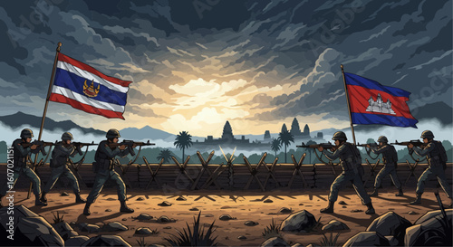 Military standoff between Thailand and Cambodia, depicted near Angkor Wat.