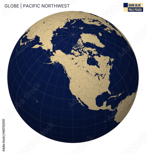 Vector Globe centered to Pacific Northwest. Dark Blue Pale Peach palette. World map with meridians, parallels, countries, rivers and lakes. Classic vector illustration.