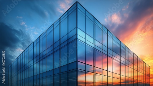 Modern Glass Building Reflecting Vibrant Sunset Colors Over the Skyline
