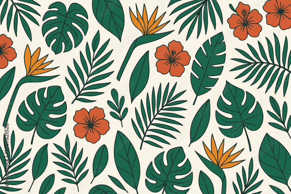 Fototapeta premium Vibrant tropical floral and leaf pattern with exotic plants