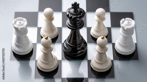Top-down view of modern glass chessboard on reflective table, black king surrounded by white pieces, checkmate situation, sleek corporate background, business metaphor 