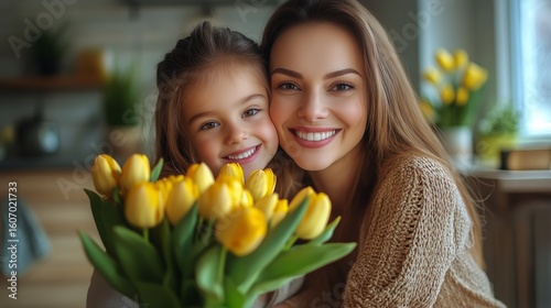 Smiling Mother and Daughter Share a Joyful Moment With Yellow Tulips Indoors ...