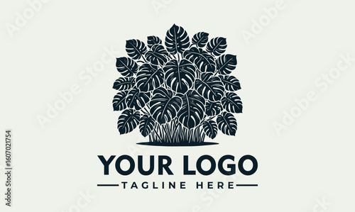 Dark stylized logo featuring a cluster of monstera leaves, forming a lush plant graphic design.