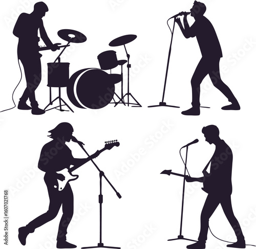 Silhouette musicians performing on stage with guitars and drums band performance