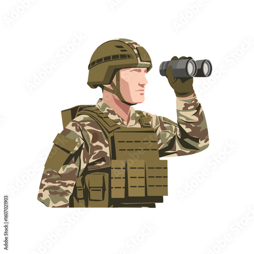 Illustration of a soldier in camouflage looking through binoculars