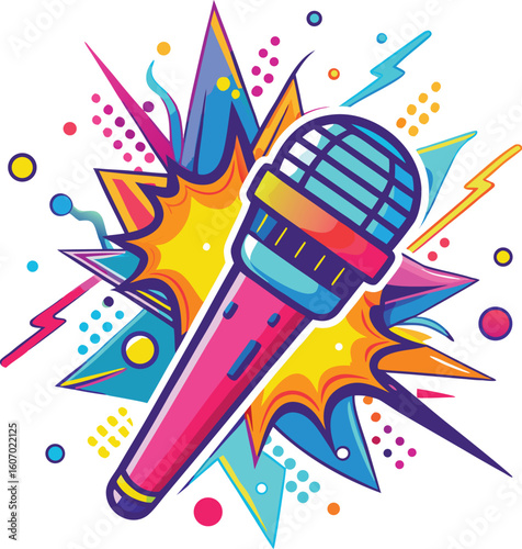 Vibrant microphone with colorful abstract explosion and lightning bolts music sound