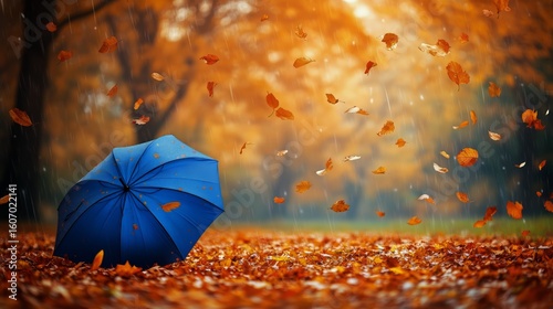Bright Blue Umbrella Stands out Among Falling Autumn Leaves During a Rainy Da...