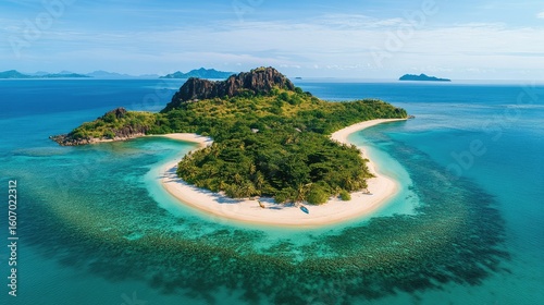 Fototapeta Naklejka Na Ścianę i Meble -  Aerial View of a Secluded Tropical Island with Turquoise Water and White Sand Beach 