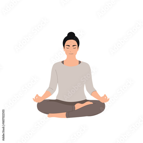 Serene Woman Meditating in Lotus Pose with Closed Eyes and Hands in Mudra Flat Vector Illustration.