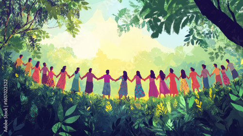A bright and inspiring illustration of a group of people standing in a circle and holding hands against a picturesque natural backdrop.  