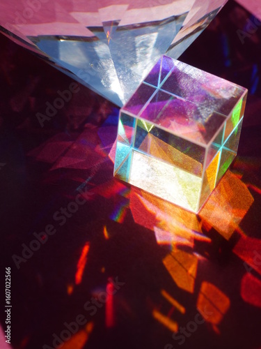 Cube is sitting on a table next to a diamond