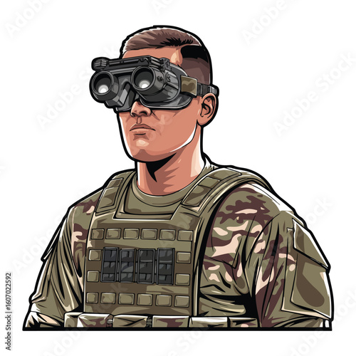 Illustration of soldier wearing night vision goggles and body armor
