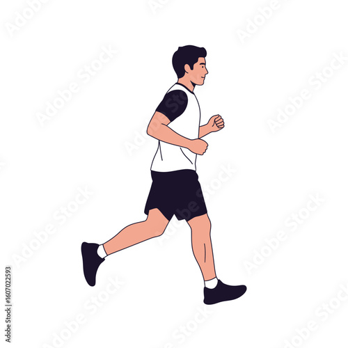 Athletic Man in White Shirt and Dark Shorts Jogging.