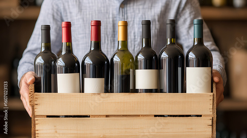 A person is carrying a wooden crate containing a variety of wine bottles with blank labels on them in front of a blurred background.