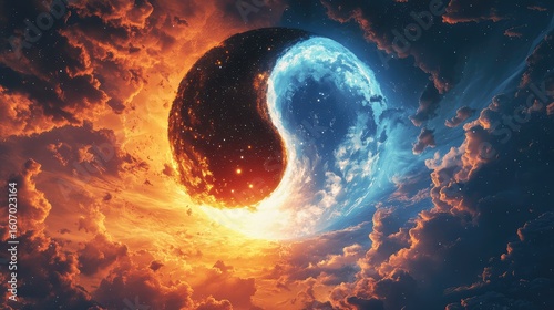 A hyper-realistic depiction of a yin-yang symbol representing the eternal cycle of day and night