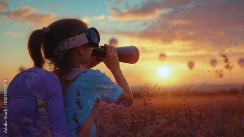 Child Observing Sunset With Binoculars While Hot Air Balloons Float in the Ba...