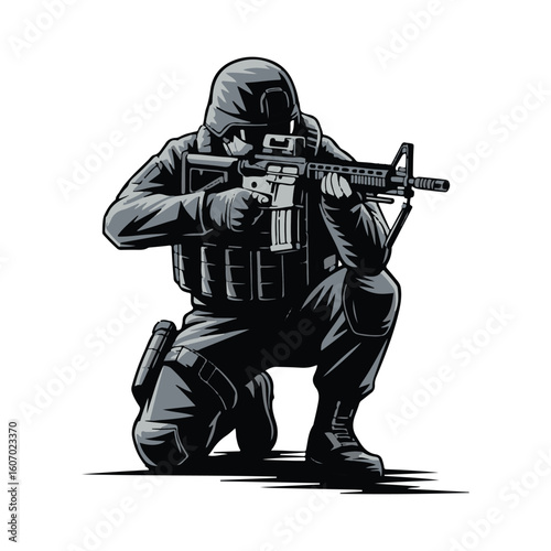 Illustration of a soldier kneeling and aiming a rifle in black and white