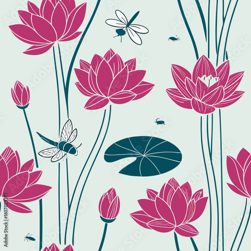 Seamless Pattern of Pink Lotus Flowers from Udon Thani – Watercolor Botanical Design for Fabric and Backgrounds