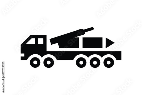 Silhouette of a missile launcher truck with a rocket ready for deployment on a white background