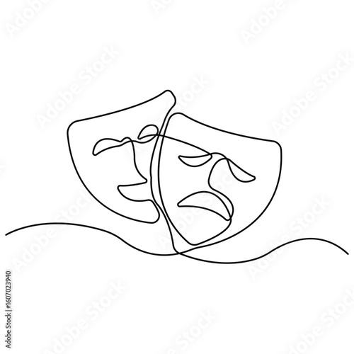 Minimalist continuous line drawing of comedy and tragedy theater masks, representing drama, emotions, performance, and the duality of human expression in art.