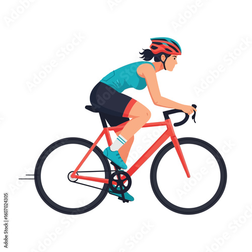 Woman Cyclist in Action Red Road Bike Teal Top Helmet.