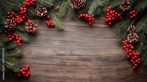 Festive Holiday Arrangement With Pine Branches and Red Berries on Wooden Surf...