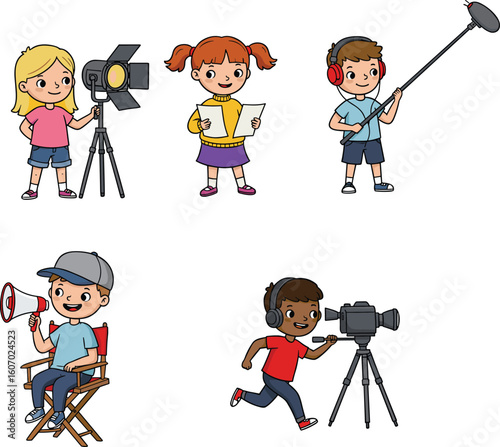 Cartoon kids making a movie with camera, light, microphone, and script, filmmaking concept, children working as film crew characters