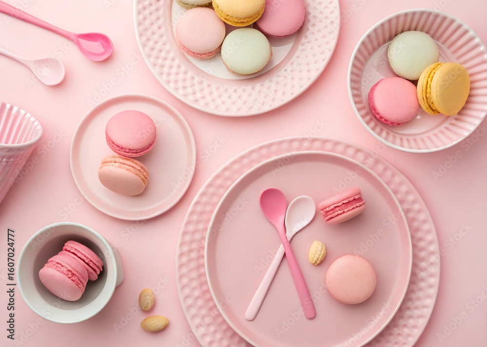 Pink Dessert Items with Macarons and Spoons on Pink Background Pink Dessert Items with Macarons and Spoons on Pink Background
