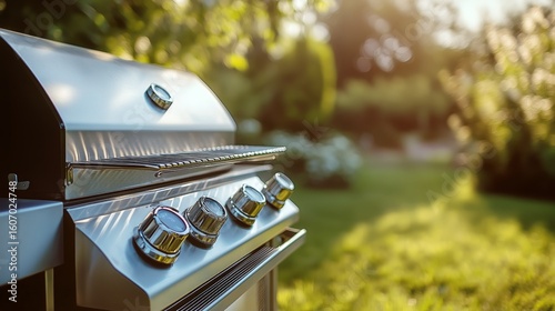 Grilling Outdoors at Sunset in a Lush Garden With a Shiny Barbecue Grill