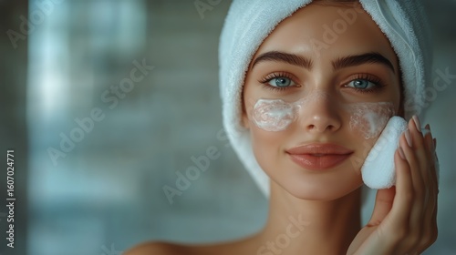 Young Woman Applying Face Mask in a Bathroom During Skincare Routine for Heal...
