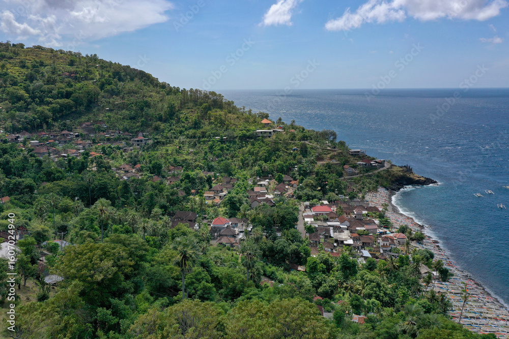 Fototapeta premium Drone Panorama of a Tropical Fishing Bay with Traditional Boats in Bali