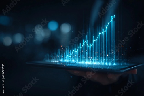 Visual representation of digital data analytics on tablet screen during nighttime