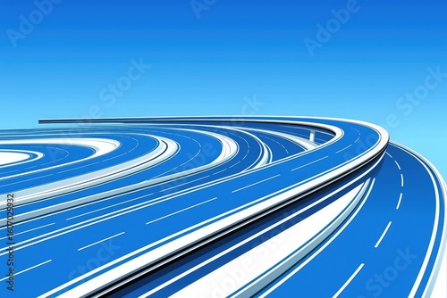3D rendering of highway with blue background and road lines, transportation scene for urban planning and traffic models