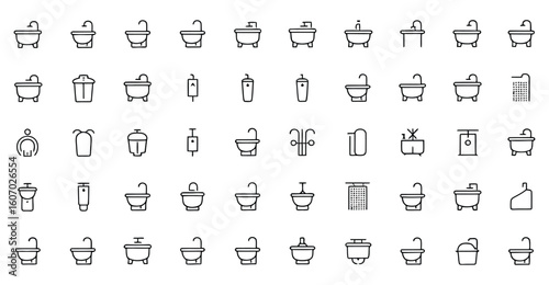 Vector art of a diverse collection of bathroom fixtures, including various styles of sinks, bathtubs, and toilets isolated on white background