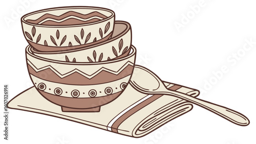 Illustration of stacked ceramic bowls with spoon and napkin for kitchenware and dining design decor art