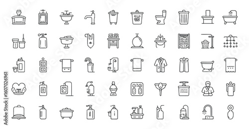 Vector art of a comprehensive set of bathroom fixture icons, including plumbing, toilets, sinks, and bathtubs isolated on white background