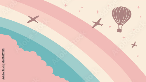 Pastel rainbow airplane hot air balloon sky cute background vector illustration design for kids room decor