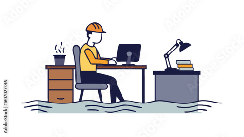 Flood damage assessment engineer working during natural disaster flood insurance claim and recovery process