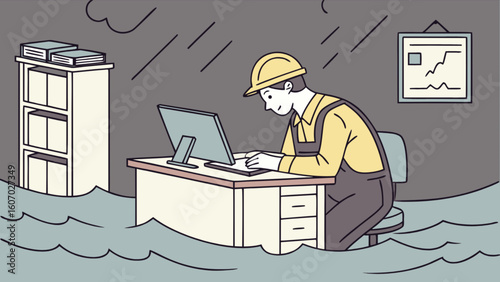 Flood insurance claim worker in flooded office processing paperwork on computer after natural disaster event