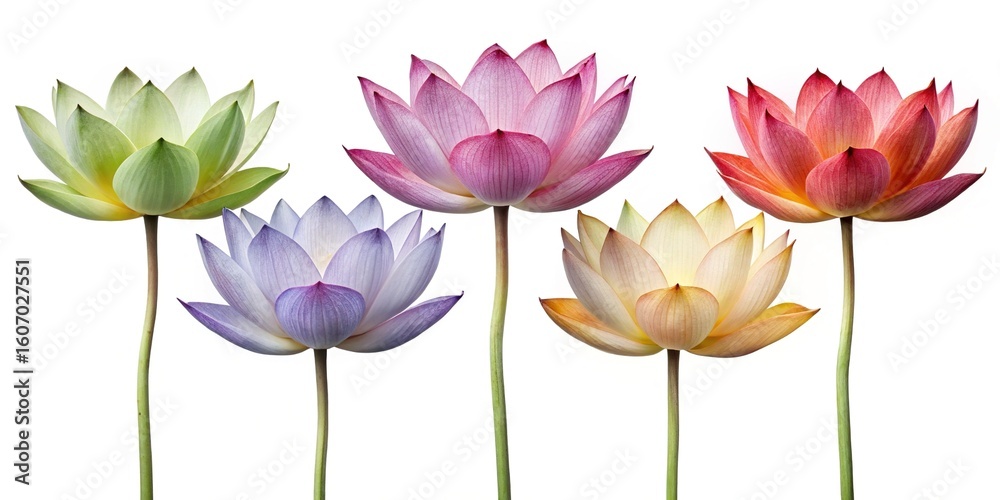 Fototapeta premium Five Blooming Lotus Flowers in Various Shades on a White Background