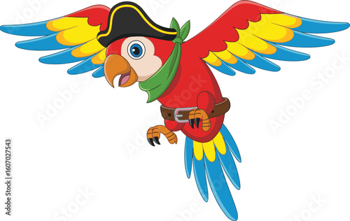 Colorful cartoon pirate parrot flying with hat, belt, and scarf, fun animal character illustration for children, adventure bird concept