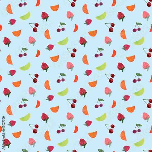Seamless fruity pattern with cherries, strawberries, orange slices and lime pieces on pastel blue background, playful summer citrus design