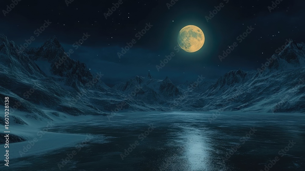 Fototapeta premium Full Moon Over Snowy Mountains and Frozen Lake at Night